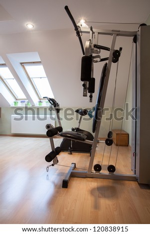 Domestic gym: equipment for training, vertical view