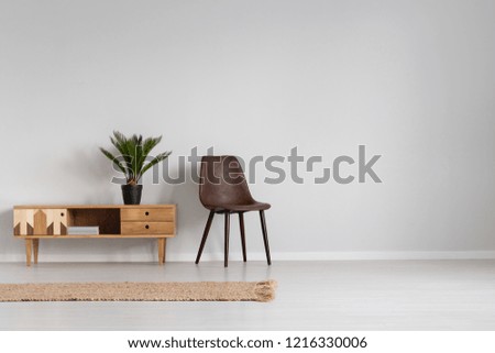 Natural linen rug on the floor of spacious bright living room interior with leather chair and wooden cabinet with plant in black pot, real photo with copy space on empty grey wall