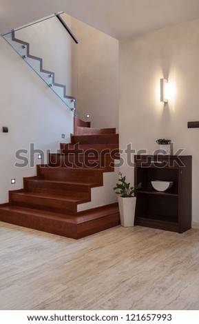 Travertine House: Wooden Steps And Glass Barrier
