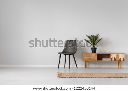 Natural linen rug on the floor of spacious bright living room interior with black leather chair and wooden cabinet with plant in black pot, real photo with copy space on empty grey wall