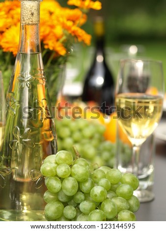 Bottle of summer white wine and fresh grapes