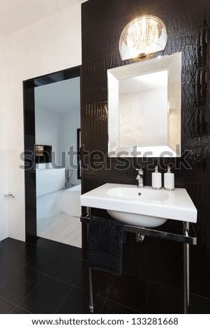 Vibrant cottage - White sink in black bathroom