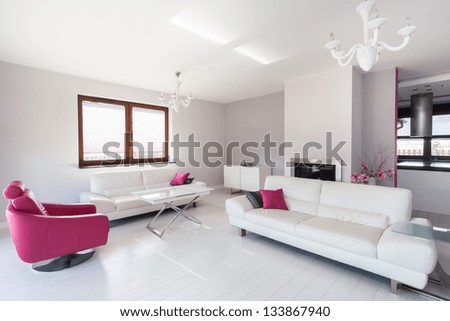Vibrant cottage - modern living room with pink armchair