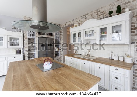 Tuscany - White Kitchen Shelves And Silver Refrigerator