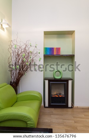 Interior of green room with colorful books