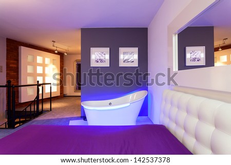 Bathtub In A Modern Purple Bedroom, Neon Light