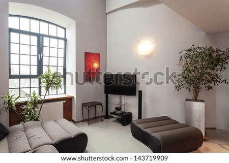 Interior Of A Grey Living Room With Red Painting