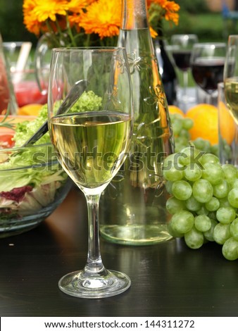 Closeup of glass with white wine on black table
