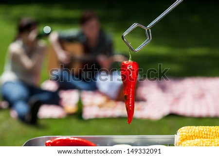 A closeup of a red grilled chilli pepper