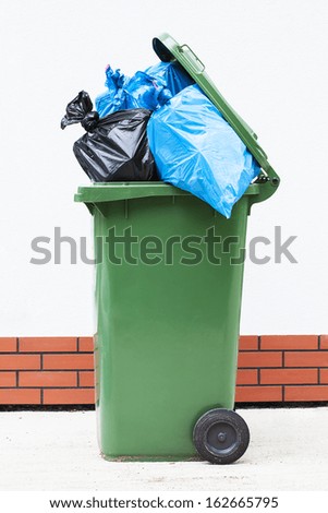 Blue and black rubbish sucks in a green litter bin