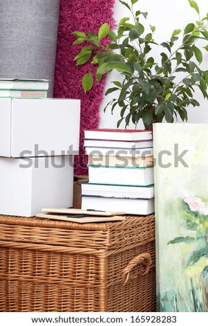 A pile of books and a plant on a big wicker box
