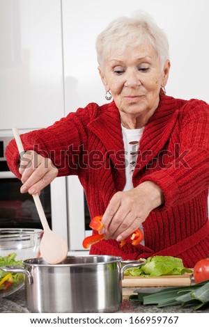 Active elder person preparing lunch for family