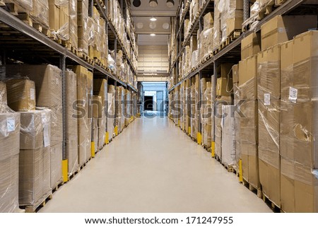 Interior of a modern warehouse full of a products