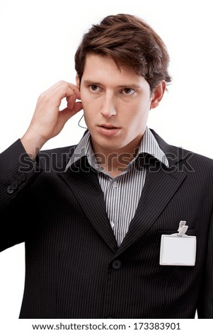 Professional sales representative in suit with ID to put your text here