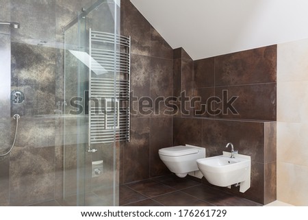 Brown tiles in modern bathroom interior, wc and bidet
