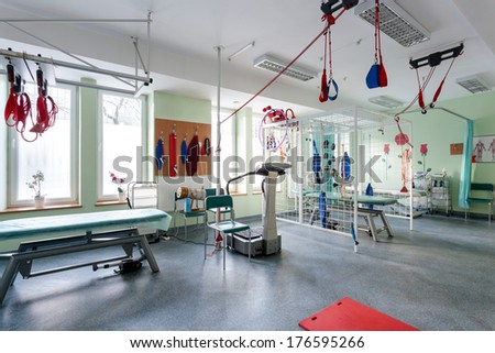 Room for physiotherapy with professional modern equipment
