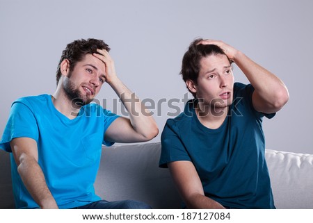 Men friends during watching match together, horizontal