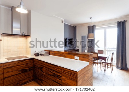 Modern kitchen connected with dining room, horizontal