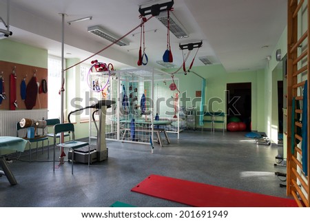 Room with rehabilitation equipment at hospital, horizontal