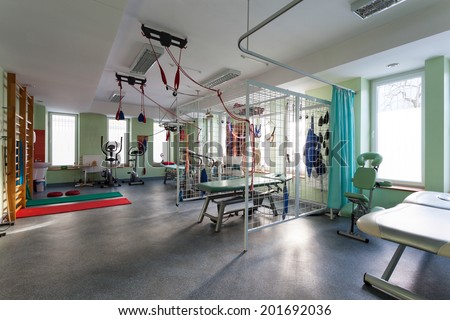 Interior of physiotherapy clinic with equipment for rehabilitation