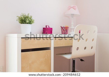 View of learning area in girl\'s room