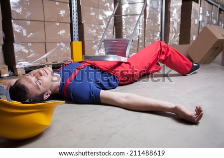 Unconscious warehouse worker after falling from a ladder
