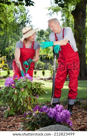 Vertical view of couple working in garden