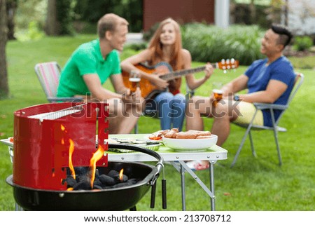 Girl playing the guitar on a barbecue