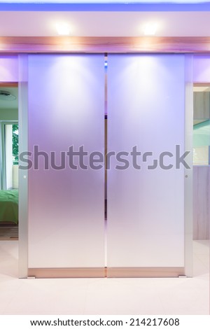 Modern illuminated door in luxurious apartment, vertical