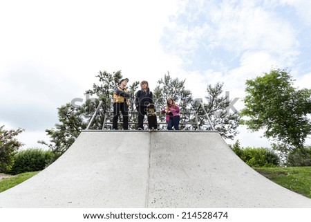 Three friends standing at the top of a half-pipe