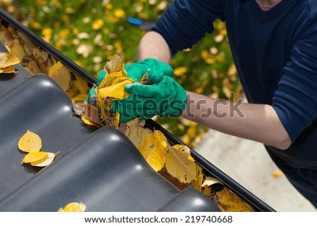Cleaning the rain gutter during autumn, horizontal