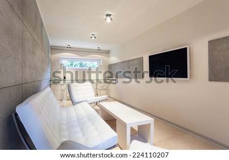 Modern living room with TV on the wall