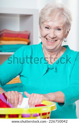 Portrait of smiling elderly woman during housework