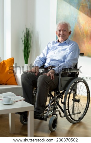 Elderly happy man sitting on wheelchair