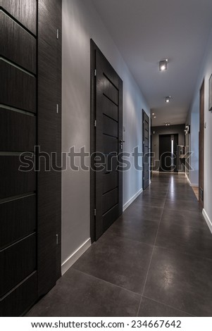 Long and gray corridor in luxury house