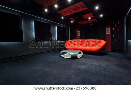 Red modern sofa in dark living room