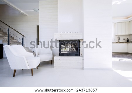 View of fireplace in modern, new house