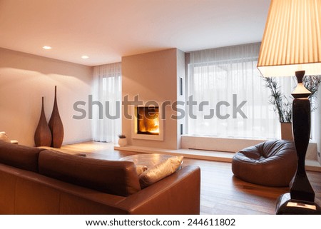 Interior of comfy living room with fireplace
