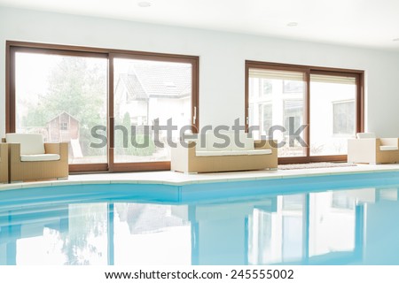 View of modern house with swimming pool