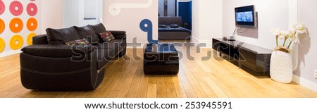Panoramic view of bright, designed apartment interior