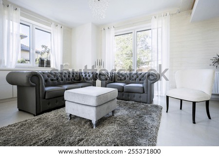 Black leather sofa in bright living room
