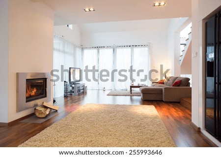 White light living room with fireplace in residence