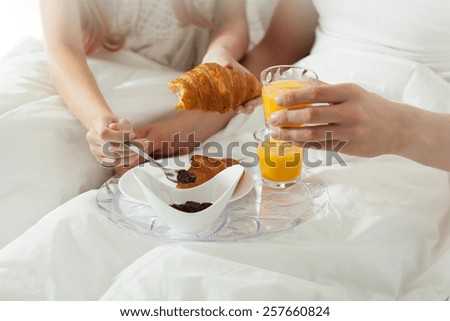 Delicuious breakfast in bed at hotel room