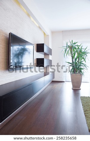 Tv on the wall inside modern room, vertical