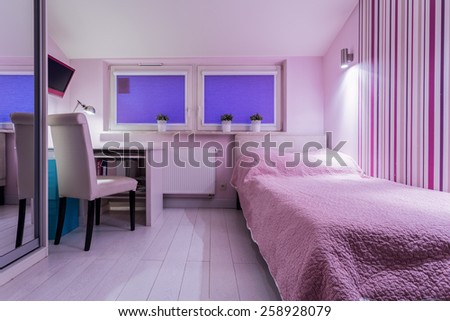 Cozy room with violet walls - ideal for girl