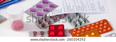 Close-up of various medicines on the table