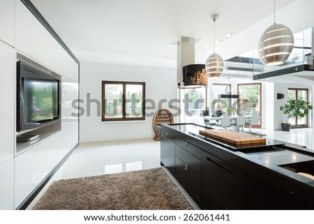 Modern elegant kitchen with home movie theater