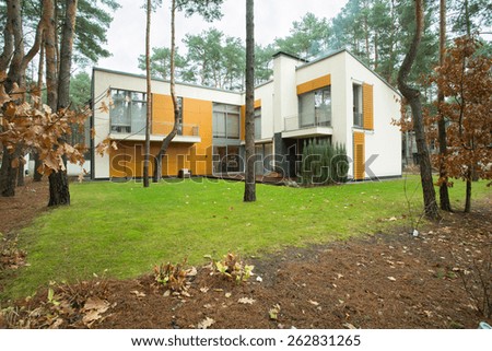 Modern house from the outside with garden