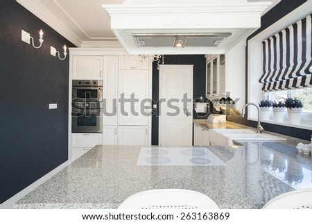 View of marble worktop in expensive kitchen
