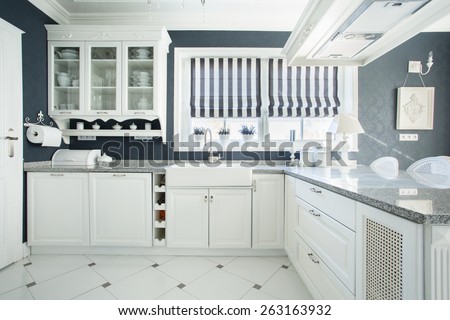 Interior of white and grey kitchen, horizontal